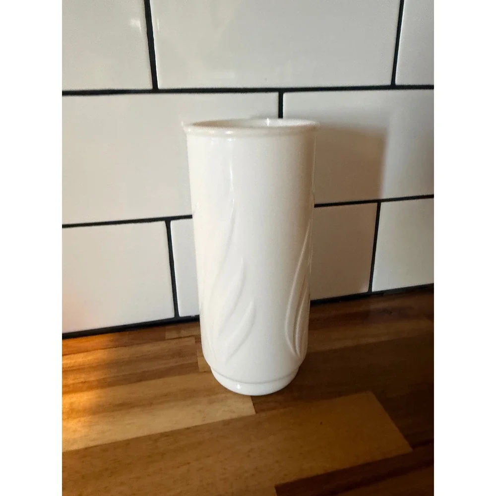 Vintage White Milk Glass Vase Embossed Leaf Pattern Cylindrical Bud Vase 7 Inch